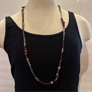 White House Black Market Necklace long beaded- purple w/ silver & rhinestones